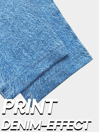 Plus Size High Waisted Skinny Jeans Faux Denim Printed Stretch Leggings Distressed Effect Women's Comfortable Fit Stretchy Pants.