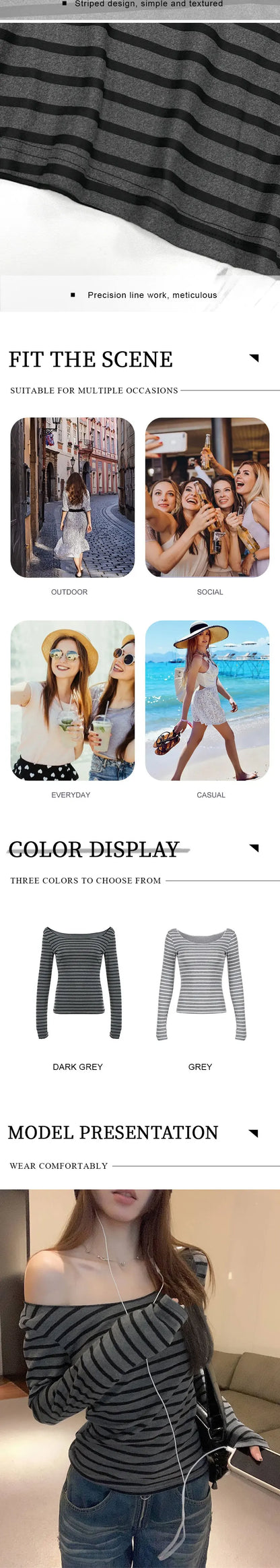 Spring Fall Women's New Japanese Basic Models Slim Long-Sleeved Striped t-Shirt Strapless Korean Street Style y2k Thin Tops.