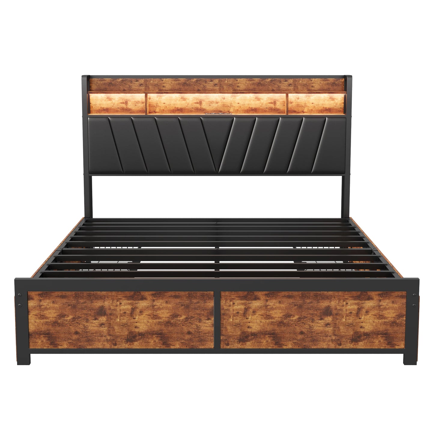 Lazyspace Metall-Doppelbett 160 x 200 cm mit 4 Schubladen, Bettrahmen mit USB-Ladeanschluss und LED-Kopfteil, schwarz, ohne Matratze