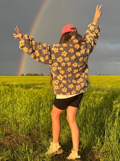 Sumuyoo Autumn Winter Women's Sherpa Floral Pullover Hoodies Half Zip Style Loose Fit Warm Stylish New Sweatshirt