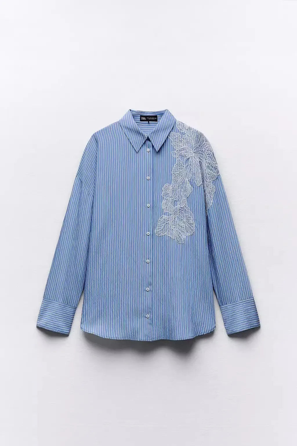 Spring 2024 New Arrival Women's irt Embroidered Flower Decorated Stripe Casual Loose Fit Long Sve Button up Polyester Fiber.