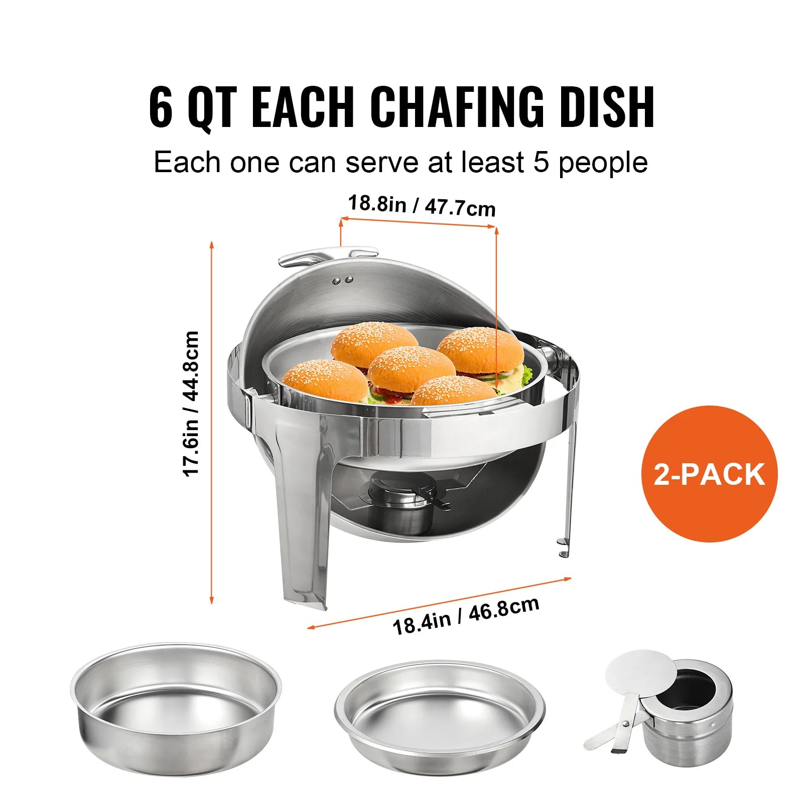 SucceBuy Roll Top Chafing Dish Buffet Set 6 Qt 2 Pack Stainless Steel Chafer with 2 Full Size Pans Round Catering Warmer Server.