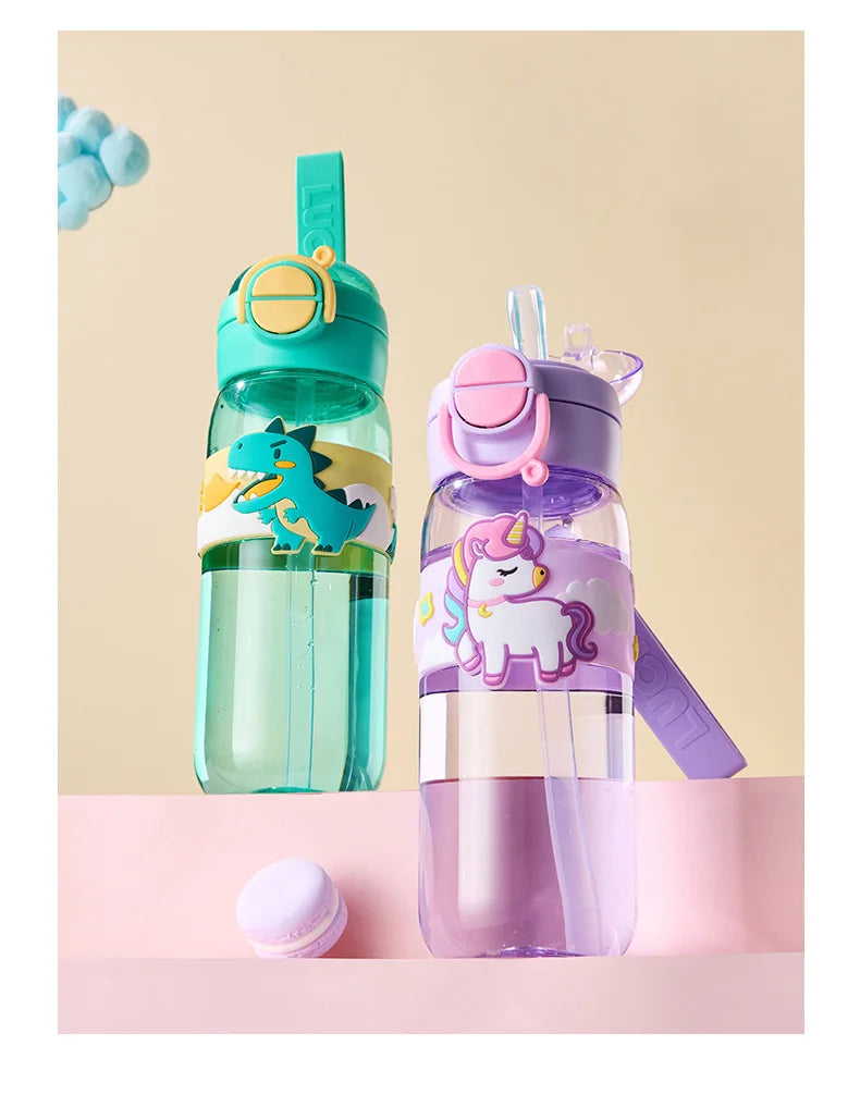 600ml School Girls Cute Water Bottle with Straw for Kids Chilrdren Sports Outdoor Cup.