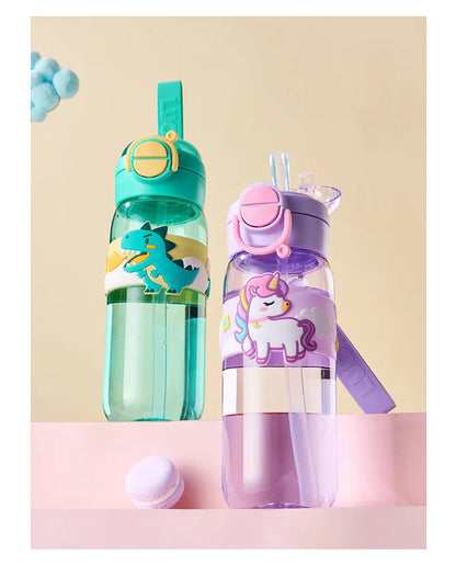 600ml School Girls Cute Water Bottle with Straw for Kids Chilrdren Sports Outdoor Cup.