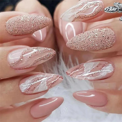 24Pcs Manicure Wearable Fake Nails Ballerina Removable Coffin Fake Nails Finished Women Girls Almond False Nails Art Decoration