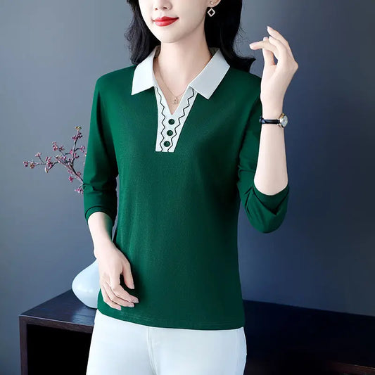 2025 Autumn New Women Clothes Office Lady Simplicity Patchwork Polo-Neck Top Tee Ladies Fashion Loose Buttons Long Sleeve Shirts.