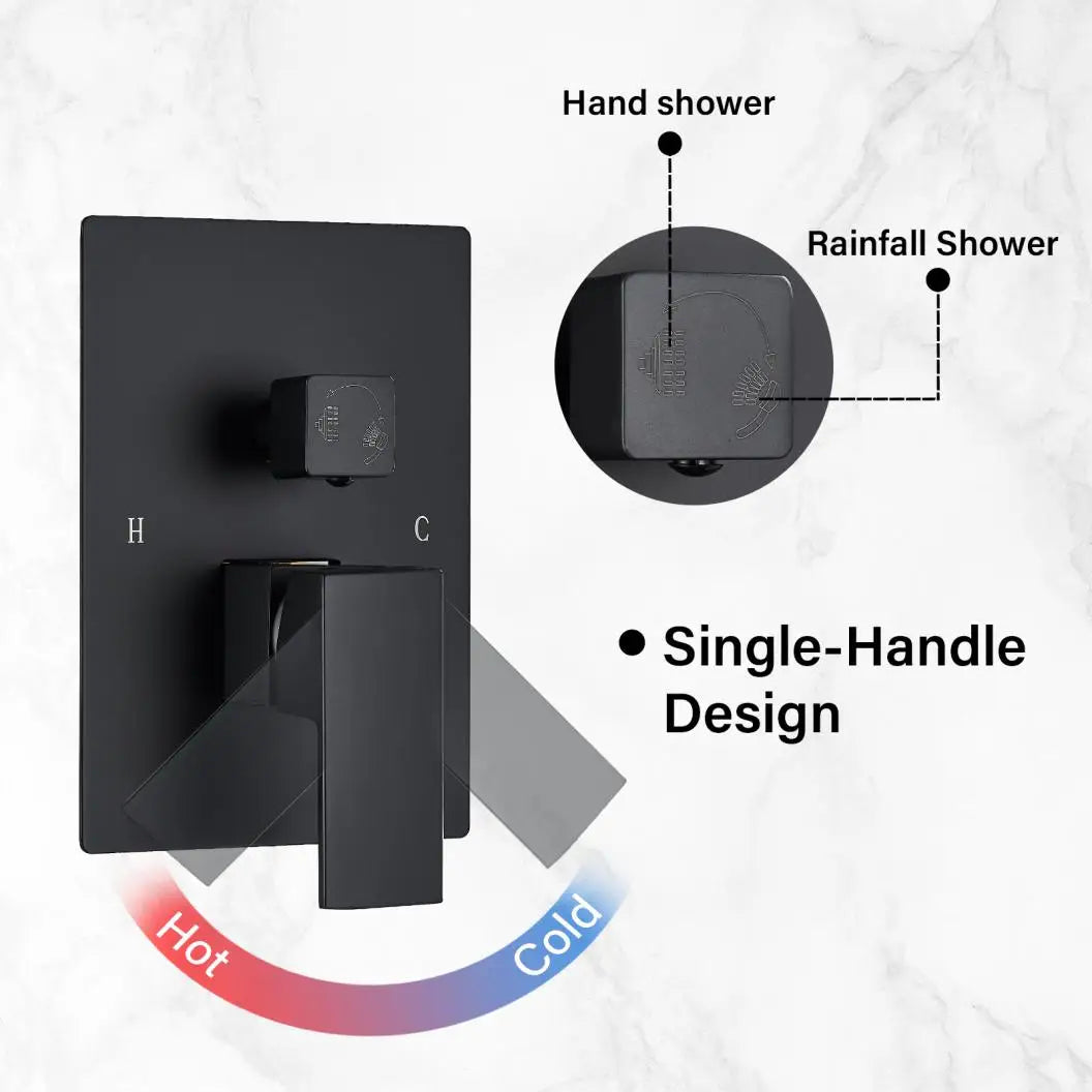 Matte Black Wall Mount Bathroom Shower Faucet 8/10/12/16 Inch Rainfall Mixed Hot Cold Water Mixer Bathtub Tap with Hand Sprayer
