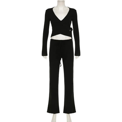 Apprabant Casual Fashion Drawstring High Waist Trousers Set Lace Up Flared Sleeve V Neck Twist Tops Plush Loose Pants Suit