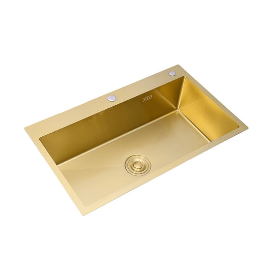 Goldene Küchenspüle über der Theke, Einzelschüssel aus Edelstahl 304, Goldkorb, Abtropffläche, Seifenspender, Waschbecken