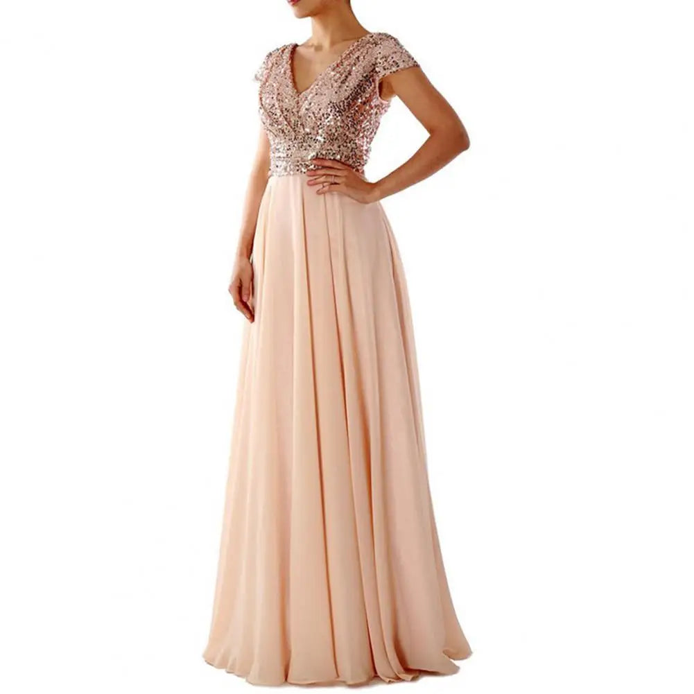 Elegantes Pailletten Chiffon Kleid für Frauen V-Ausschnitt Plissee Saum weibliche Pailletten Chiffon Abschluss ball Cocktail langes Kleid Hochzeit Abendkleid.