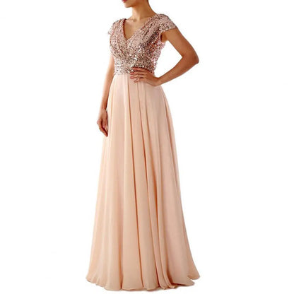 Elegantes Pailletten Chiffon Kleid für Frauen V-Ausschnitt Plissee Saum weibliche Pailletten Chiffon Abschluss ball Cocktail langes Kleid Hochzeit Abendkleid.