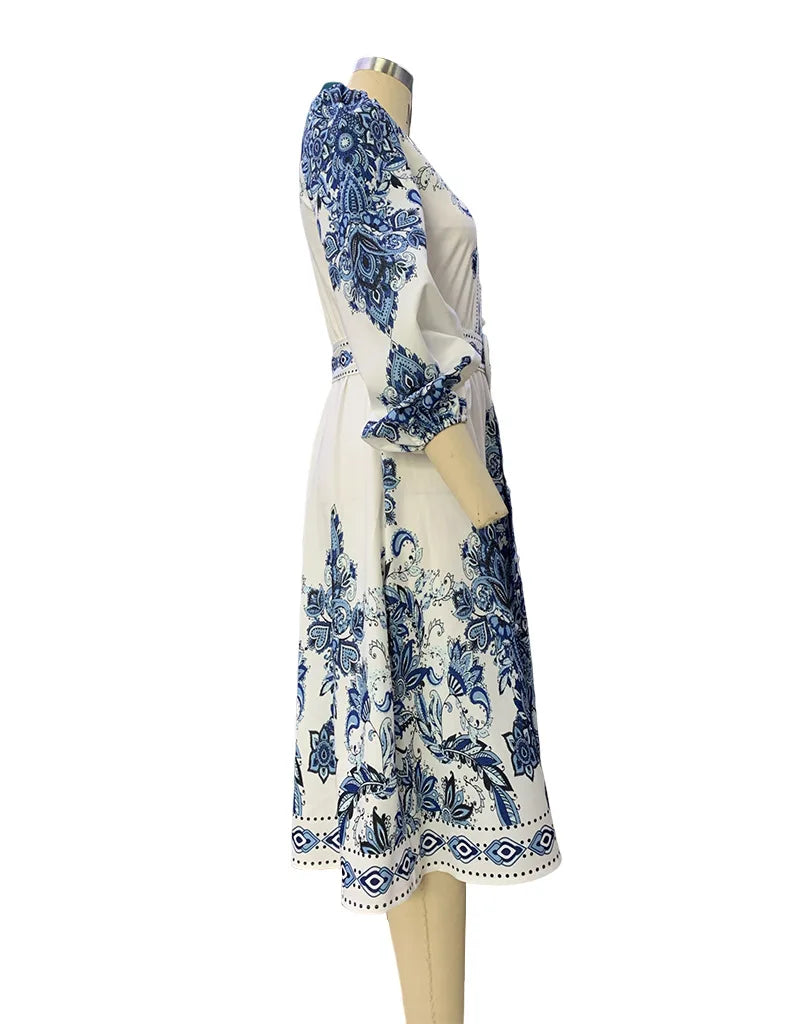 Frauen kleider Laternen ärmel Druck V-Ausschnitt Kleid Schärpen knielang gespleißt lose mittlere Taille Pullover leichte Stretch lässig.