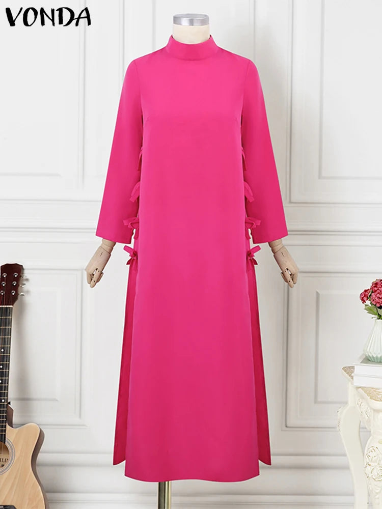 Plus Größe VONDA Frauen Lange Maxi Roben Kleid 2024, Elegante Chinesische Stil Bowknot Stehkragen Party Schlitz Sommerkleid Vintage Vestidos.