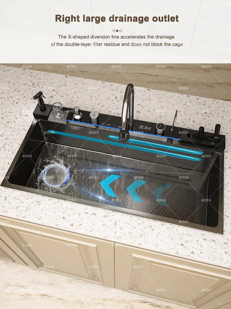 Küchenspüle, Wasserfall-Waschbecken aus Edelstahl, extra großer Einzelschlitz mit Digitalanzeige, Wasserhahn-Set für die Küche