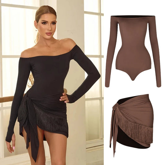 ZYM Off Shoulder Latin Dance Dress Women Long Sleeves Fringe Dress Adult Rumba Dance Practice Wear Performance Clothing DNV22221.