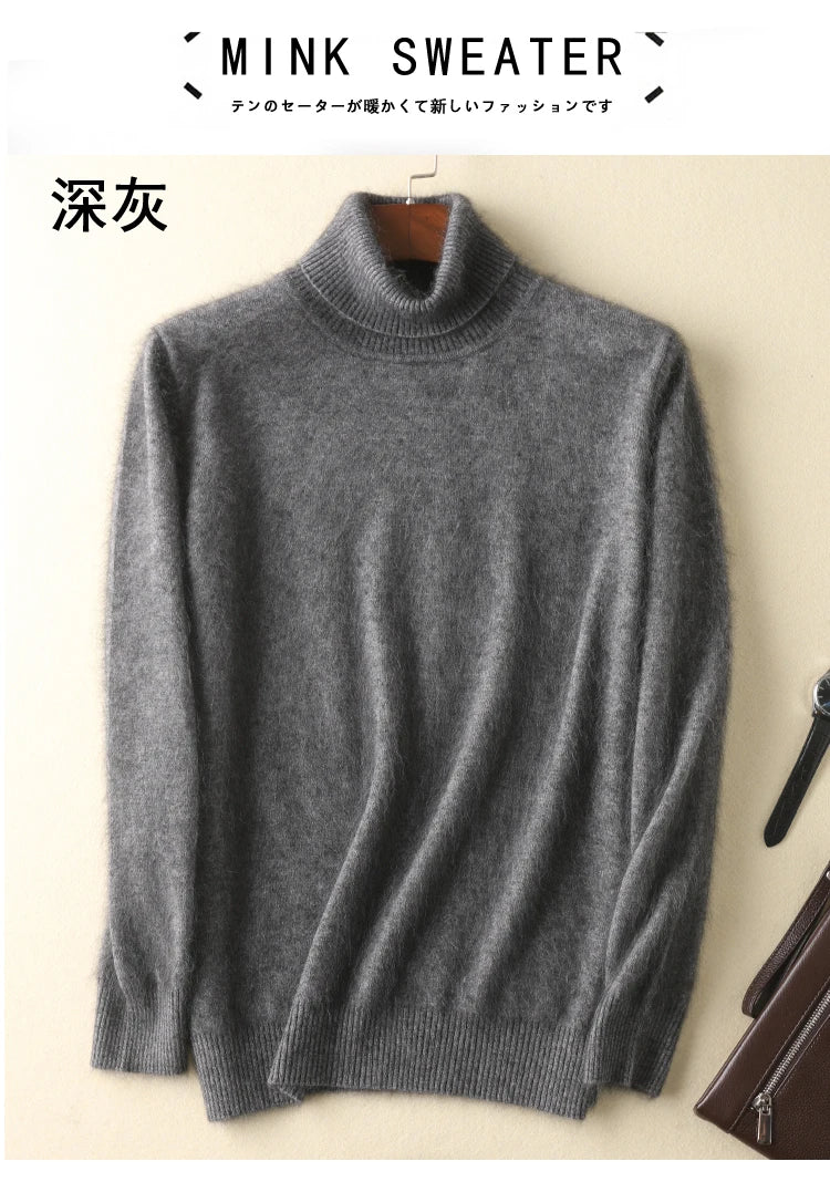 Men's 100% pure Mink Knitted Sweater Turtleneck Large Size Casual Pullover Autumn Winter New Base Shirt Men Warm High Lapels Top