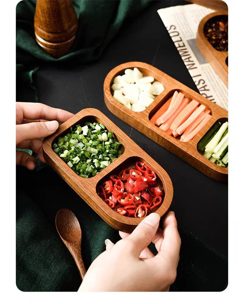 Solid Wood Rectangle Tray 2/3 Grid Condiment Plate Breakfast Sushi Bread Dessert Sauce Plate Kitchen Dinner Seasoning Dish.