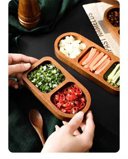 Solid Wood Rectangle Tray 2/3 Grid Condiment Plate Breakfast Sushi Bread Dessert Sauce Plate Kitchen Dinner Seasoning Dish.