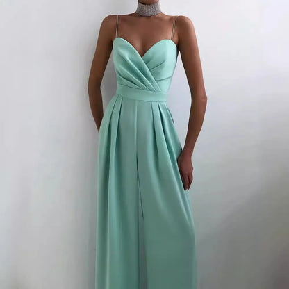 Summer Women's Sexy Sleeveless Spaghetti Jumpsuit Fashion Elegant Commuter High Waist Wide Leg Solid Color Casual Floor Pants.