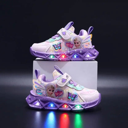 Disney LED Casual Sneakers For Spring Girls Frozen Elsa Princess Print Pu Leather Shoes Children Lighted Non-slip Pink Purple