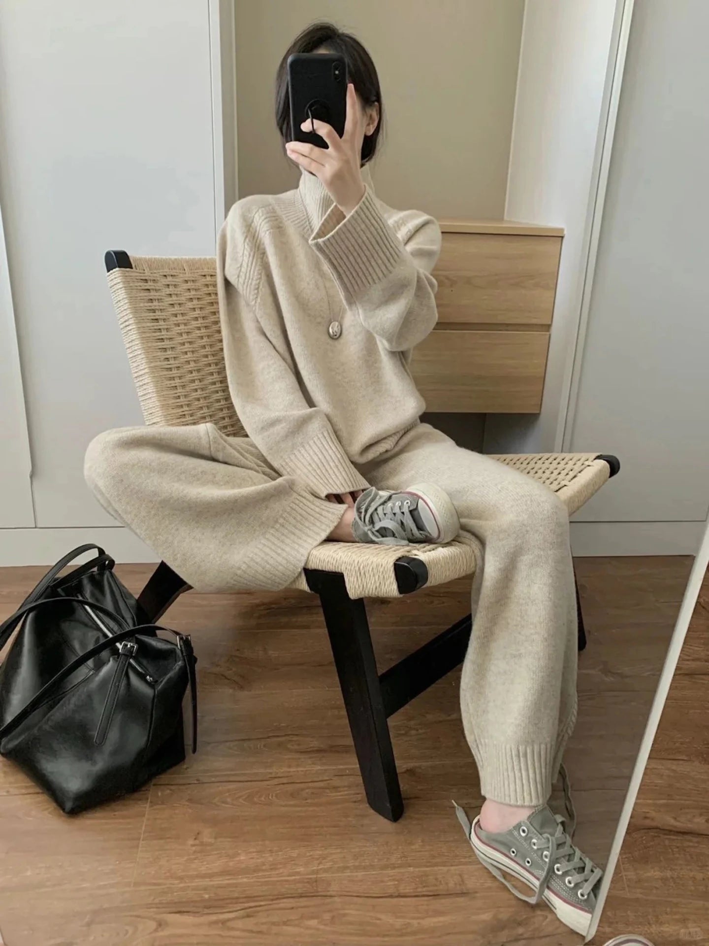 Zweiteiliger Anzug aus 100 % Merinowolle für Damen, O-Kragen-Pullover, Pullover, weites Bein, Hosen-Set, Herbst-Winter, lockere, bequeme Strickwaren