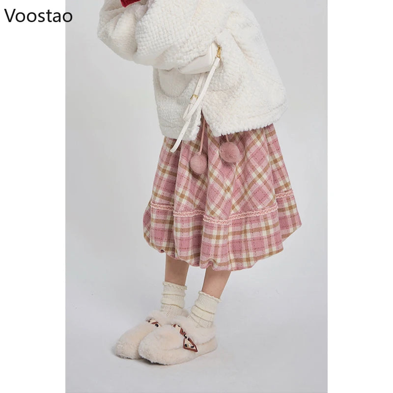 Pink Plaid Vintage Skirt Autumn Winter Women Preppy Style Chic Plush Ball Elegant Midi Skirt Korean Female Y2k A-Line Skirts.
