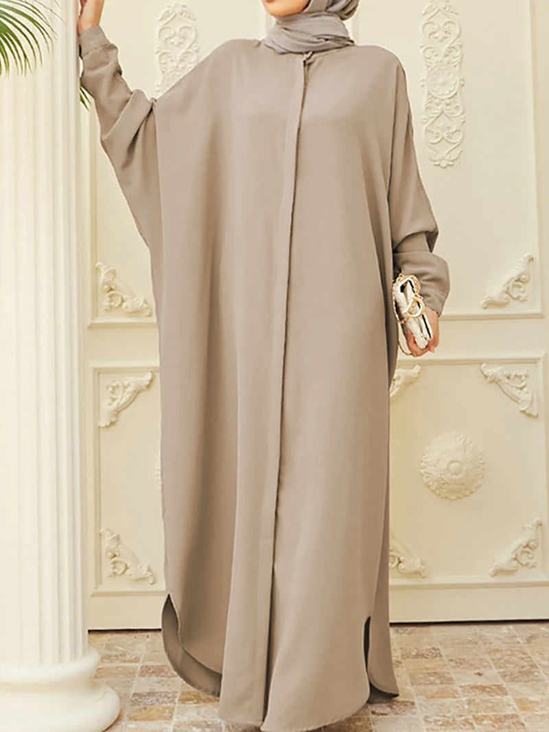 kebaya Ramadan Solid Batwing Sleeve Kaftan Abaya, Elegant Loose Split Maxi Length Dress, Women's Clothing