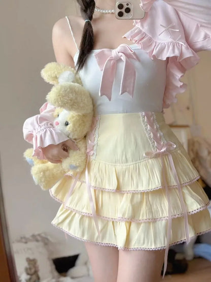 Japanese Kawaii Lolita Style Pleated Skirts Women High Waist Pink Bandage Fairy Y2k Aesthetic Skirt Cute Faldas Mujer Moda 2024