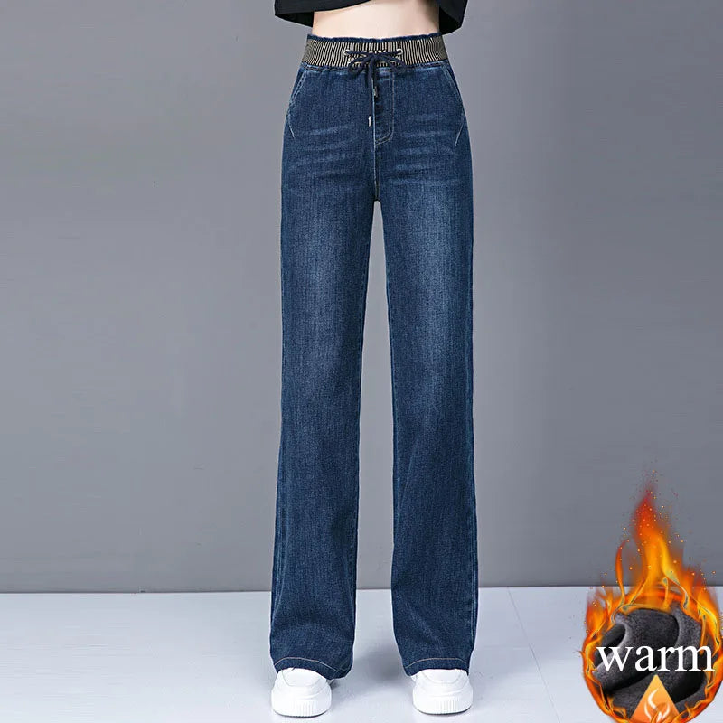 Women Elastic High Waist Straight Jeans Winter Warm Thicken Baggy Velvet Lined Wide Leg Denim Pants Korean Casual Vaqueros New.