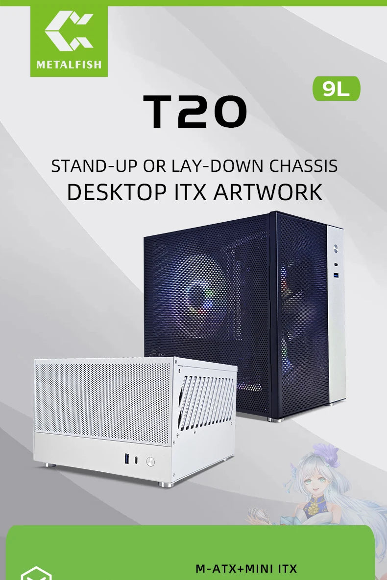 METALFISH T20 Mini ITX White Case 9L Compact PC Chassis Support Flex PSU/240mm GPU/100mm Cooler/180 Liquid Cooler.