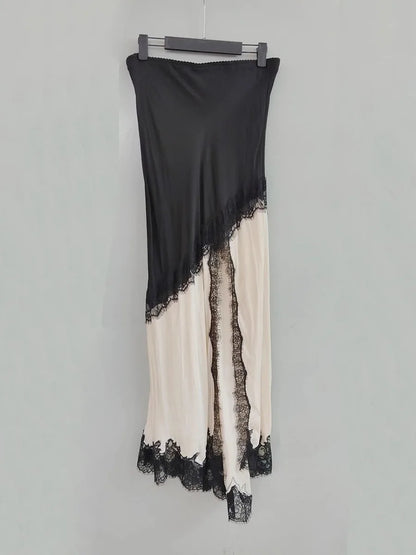 GALCAUR Hit Color Sheer Spliced Lace Elegant Skirts for Women High Waist Patchwork Split Temperament Skirt Female Fashion Style