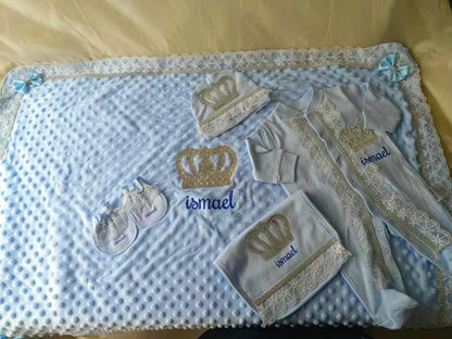 5pcs Handmade DIY Vinyl Name Personalized Baby Girl Newborn Jewels Crown Pink Take Me Home Layette 5 Piece Deluxe Gift Set