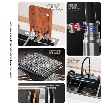 Stainless Steel Kitchen Sink Large Double Slot Waterfall Outlet Convenient for Dish and Vegetable Washbasin