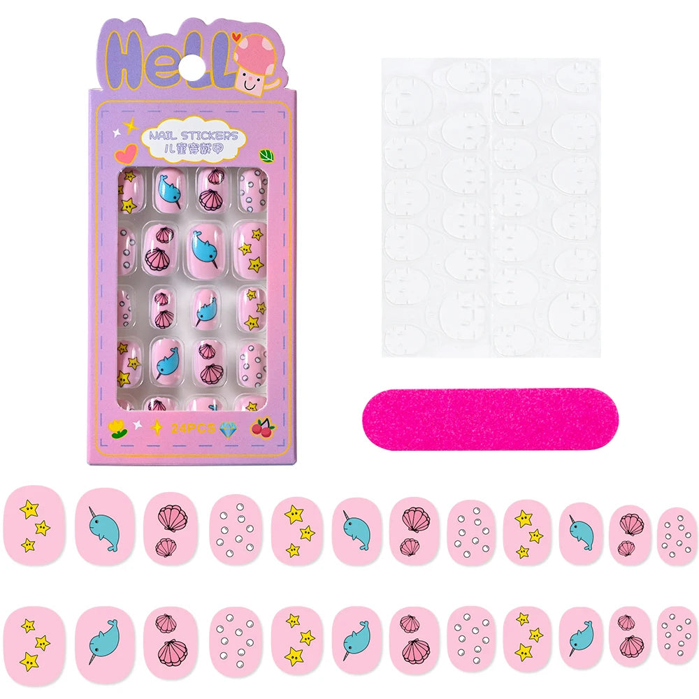 24Pcs/box Kids nails for Girl Cartoon Pattern False Nail Cute Child Fake Nails Tips Kawaii Acrylic Artificial Press on Nail+Tool