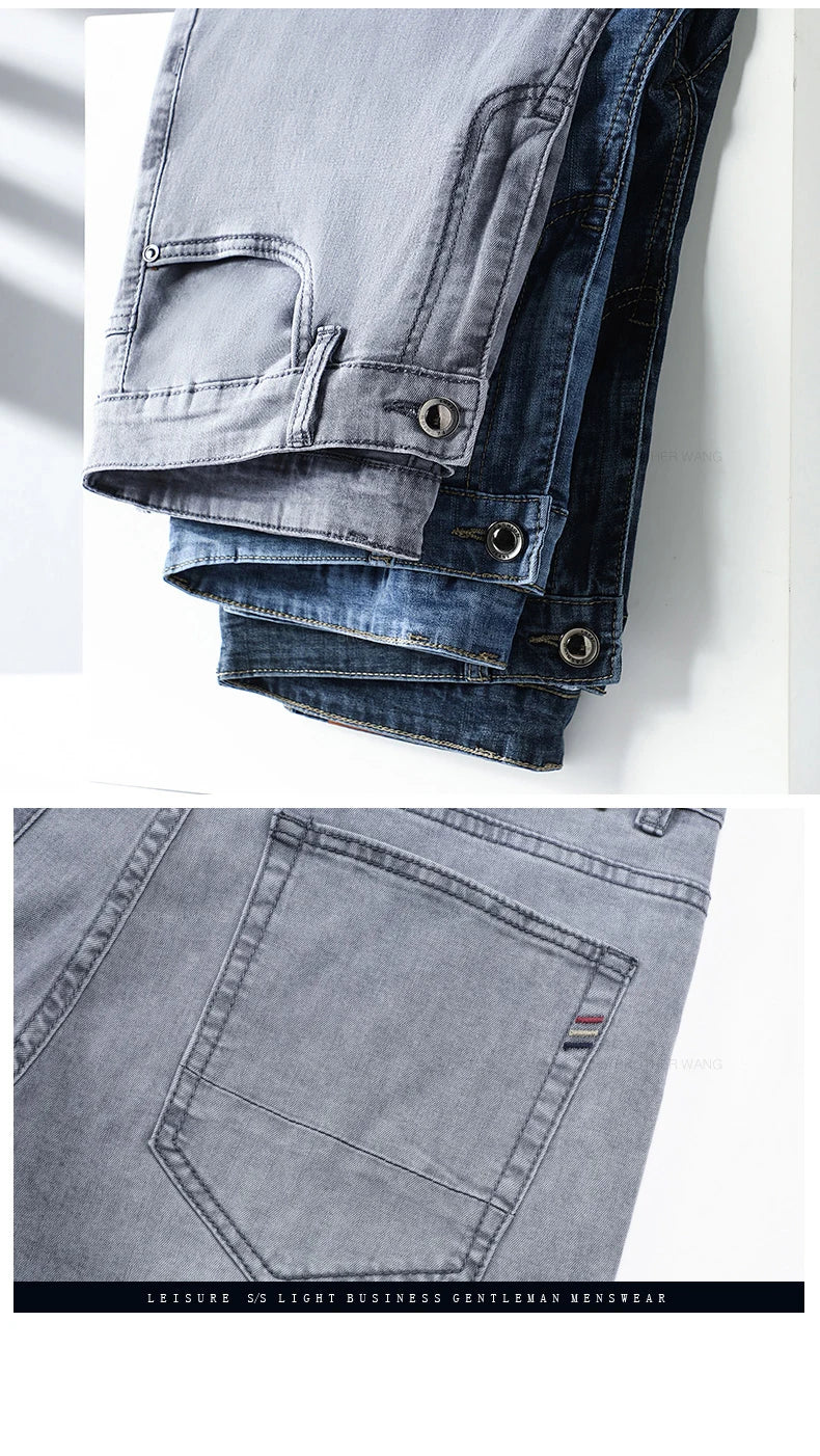 Brand Men's Fashion Summer Thin Jeans Comfortable Stretch Cotton Business Straight Casual Denim Pants Light Gray Blue Pants