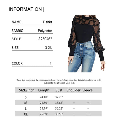 Sommer 2025, langärmlige Damen-Mesh-Bluse mit Spitzenbesatz, Rundhalsausschnitt, vielseitiges, dünnes Modell-Bottom-Shirt