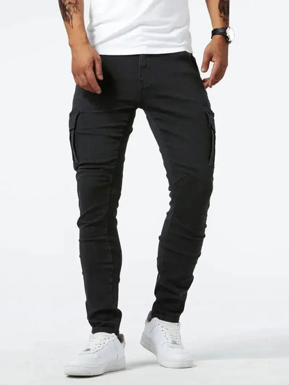 Neue Jeans Herren Seitentasche Skinny Jeans Schlank Einfarbig Hohe Taille Denim Bleistift Hosen Sommer