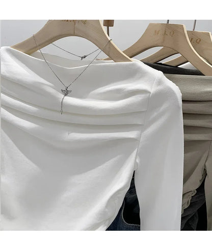 Spicy Girl Style One-Collar Ruffles Cropped Long Sleeve T-Shirt Women's Autumn/Winter New Arrival Base Layer Sweatshirt.