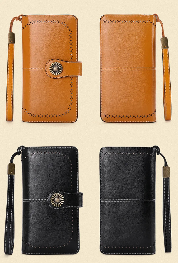 Vintage Large Capacity Women's Purse, Oil wax skin, Multi-card, Long Wallet, Multi-function Zipper Strap, Wrist Strap, New.