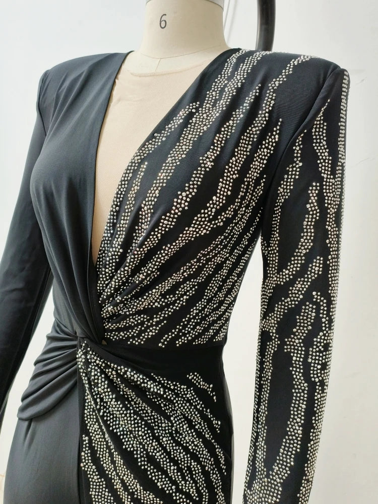 Sexy Deep V Neck Sparkly Diamonds Design Jumpsuit Women Long Sleeve Draped Wide Leg Jumpsuit Elegant Evening Club Costume Runway