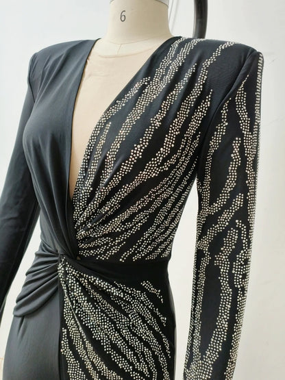 Sexy Deep V Neck Sparkly Diamonds Design Jumpsuit Women Long Sleeve Draped Wide Leg Jumpsuit Elegant Evening Club Costume Runway