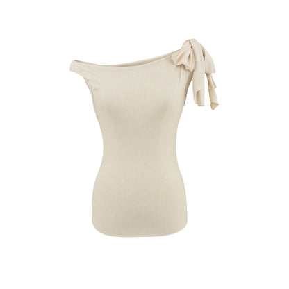 Shoulder Bared Short Sleeve T Shirt Women's Spicy Girl Design Slimming Top Summer New Style One Word Oblique Shoulder Tie Waist.