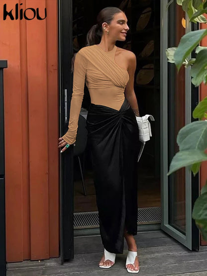 kliou Classic Solid Women Bodysuits Autumn All-matched Stacked Ruched Incline Shoulder Skinny Rompers Female Trend Street  Tops.