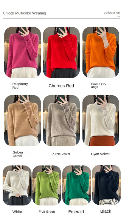 2025 100% Merino Wool Sweater Elegant Cashmere Pullover Women Pile Collar Long Sleeve Knitwear Basic Clothing  Jumper Tops.