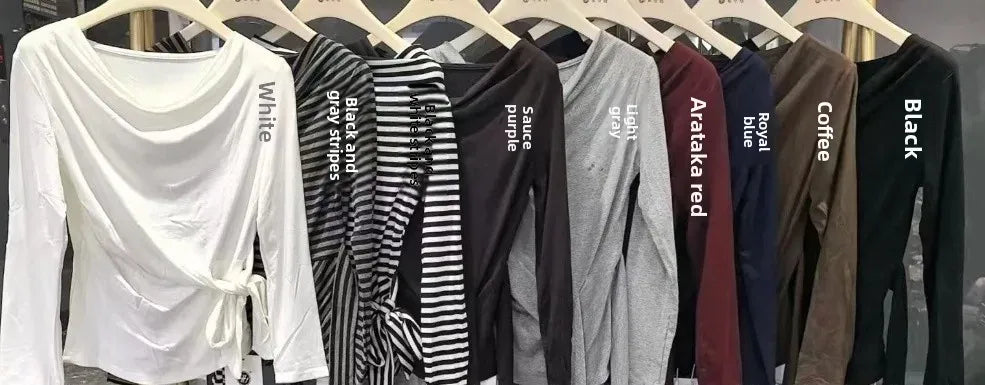 Women's Long Sleeve Striped T-Shirt Shoulder Baring Side Tie Base Shirt Versatile Autumn Fashion Design Cotton Top.