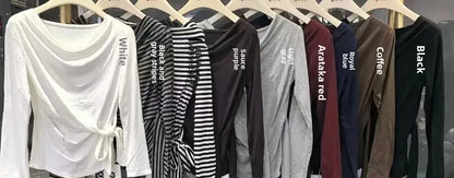 Women's Long Sleeve Striped T-Shirt Shoulder Baring Side Tie Base Shirt Versatile Autumn Fashion Design Cotton Top.