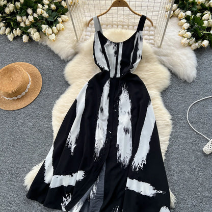 Neue Sommer Druck Süße Kleid Träger O Neck Backless Split Elegante Damen Urlaub Strand Party Midi Sommerkleid