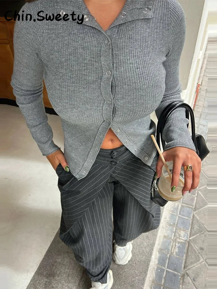 Chic Zwei Tasten Gestreiften Gefaltete Hosen Frauen Lose Taschen Breite Bein Hosen Weibliche 2026 Frühling Dame Pendeln Alle-spiel hose Neue