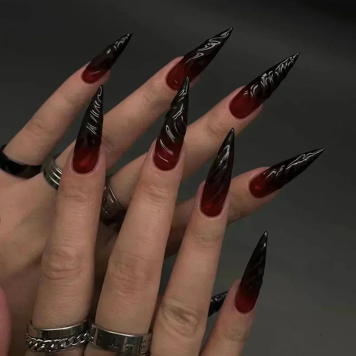 24Pc False Nails with Glue Almond Black Red Gradient Design Detachable Rhinestone Acrylic Fake Nail Long Stiletto Press on Nails