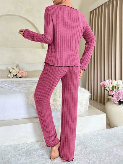 Women Autumn Winter Sleepwear Ribbed Pajamas Set Long Sleeve Top and Long Pants 2 Piece Set Casual Homewear Loungewear.